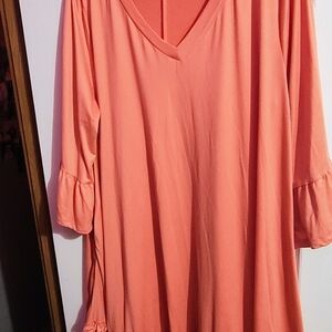 Coral V-Neck Midi Dress with Ruffle Sleeve Detail